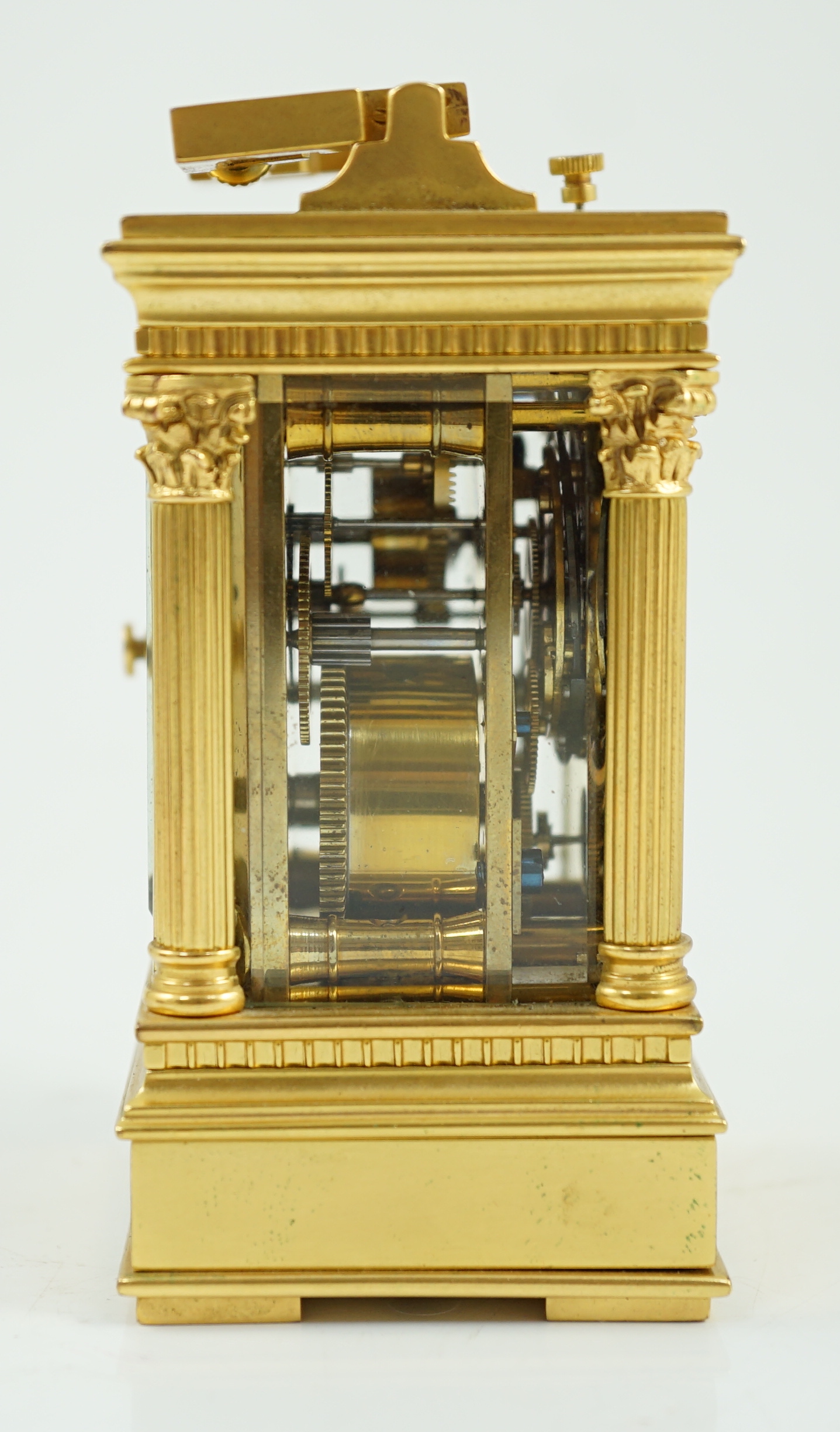 Le Roy & Fils, Palais Royale, Paris. A late 19th century French hour repeating miniature carriage alarum clock, 5cm wide, 4.5cm deep, 9.25cm high